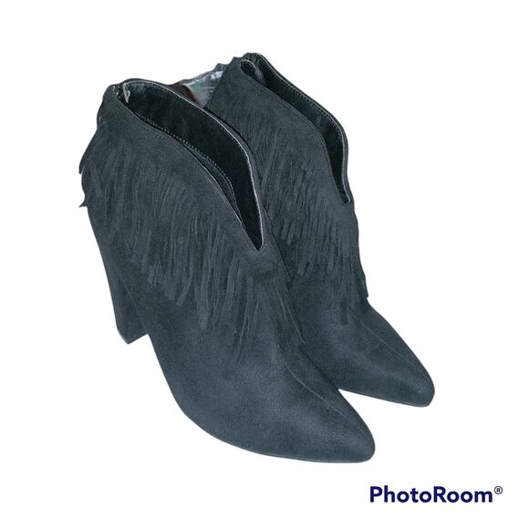 Michael Antonio Black Suede Fringe Heeled Booties Western Festival Size 8 - Picture 1 of 12